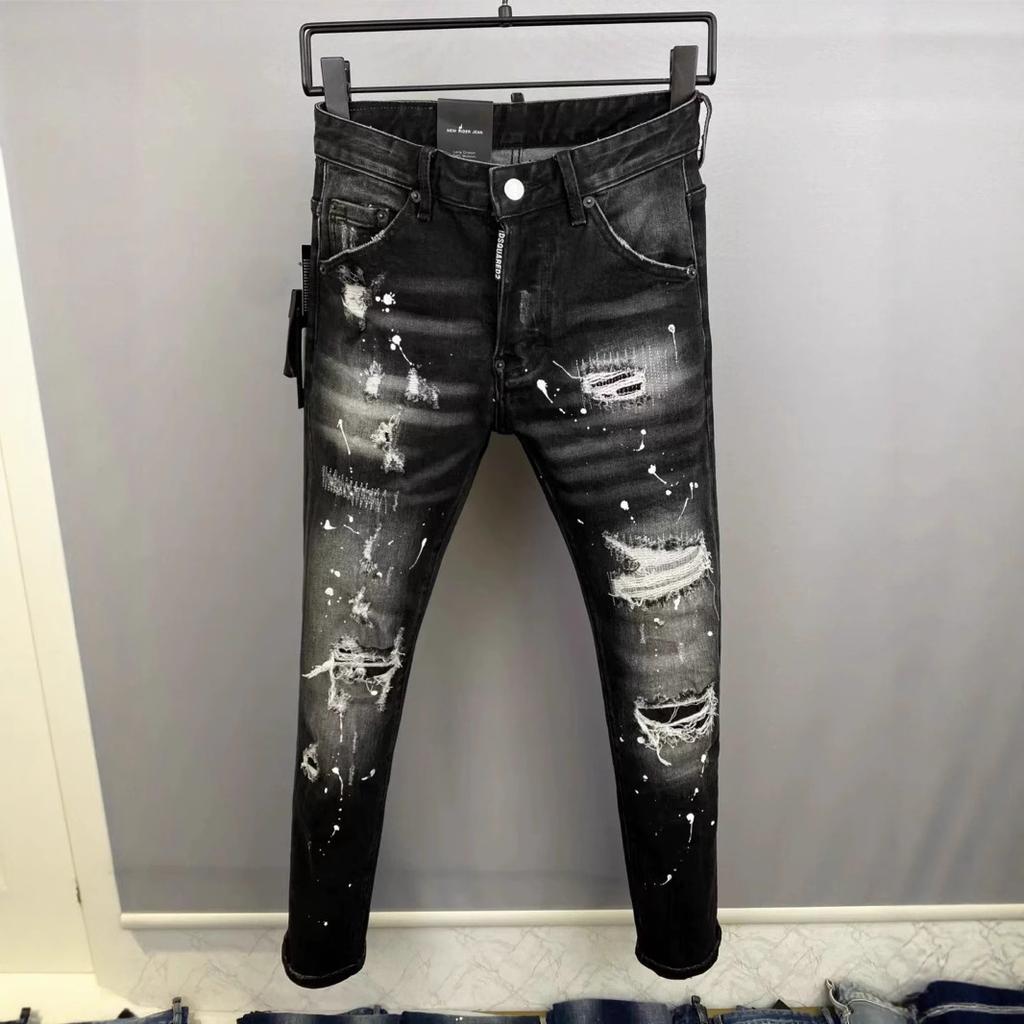 New D2 Trendy Men's Washed Grinding Holes Patch Paint Slim Small Feet Black Jeans Men's Fried Street