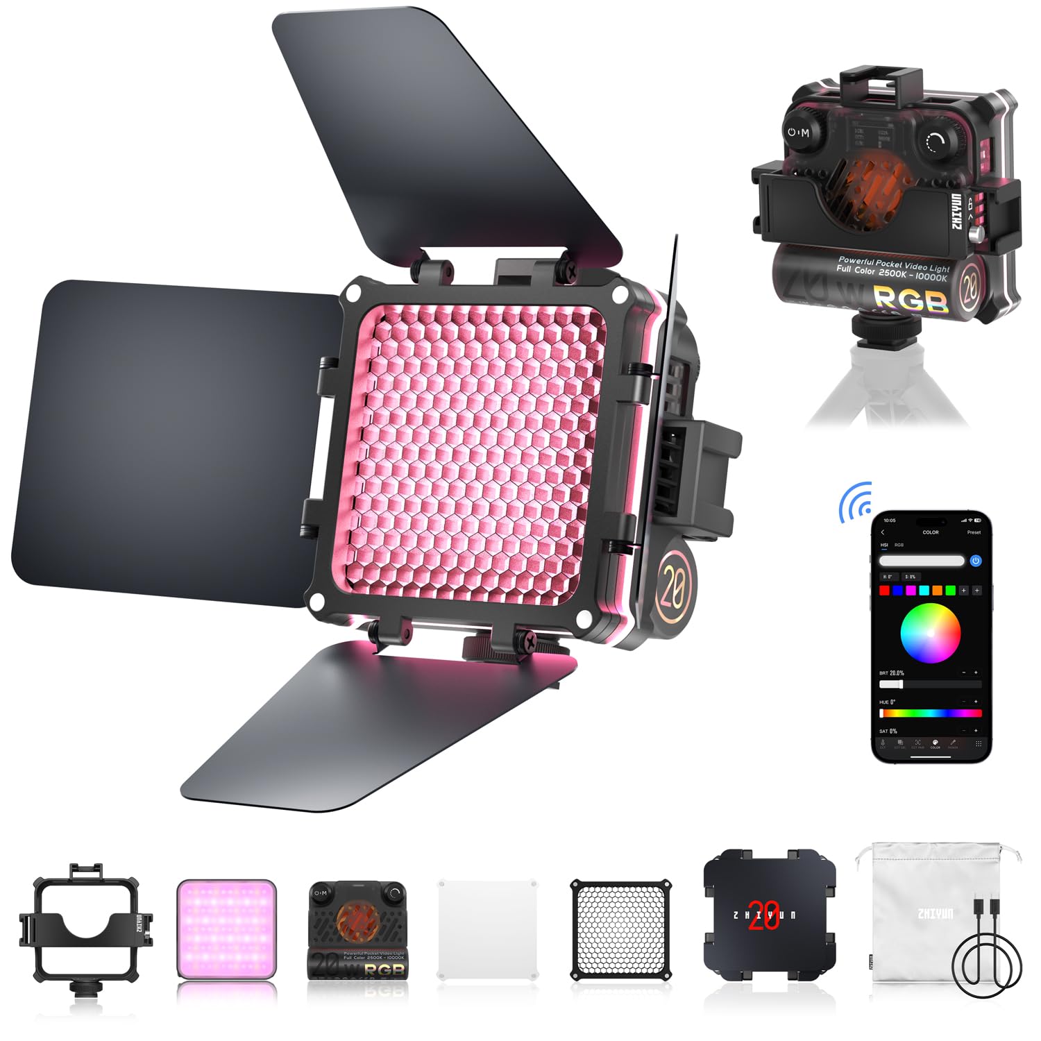 

ZHIYUN FIVERAY M20C COMBO 20W RGB LED Video Bluetooth and for YouTube Live and Video Recording Light, 2500K-10000K Dimmable, Rechargeable, Handheld,