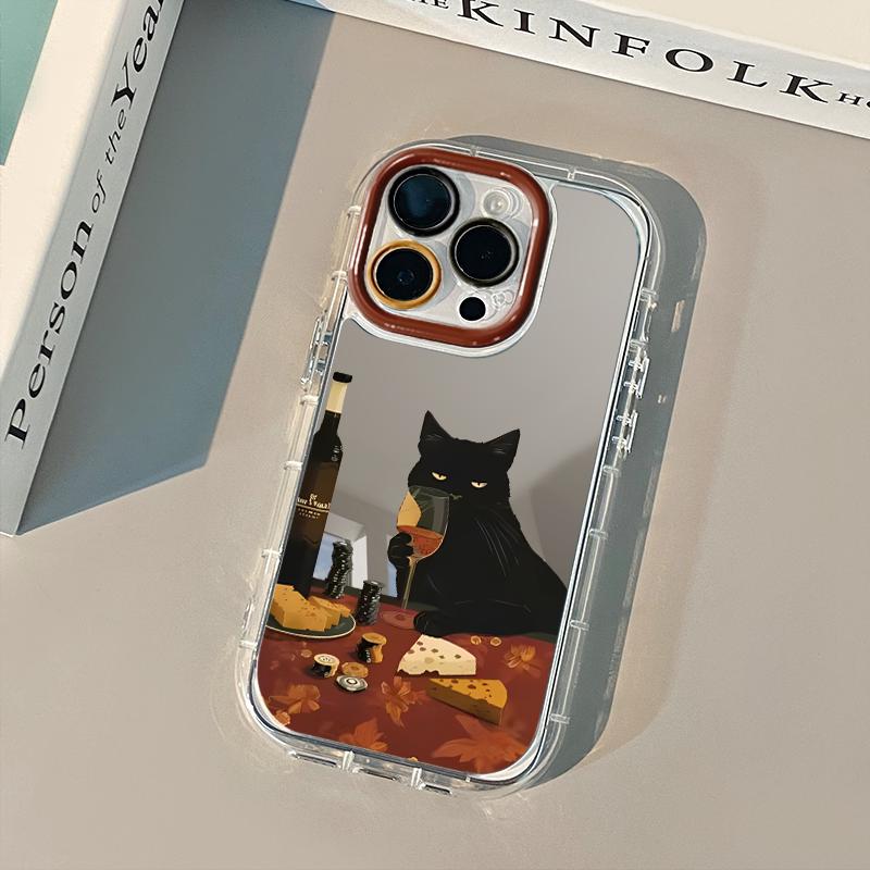 Fashionable Red Wine Cat Mirror Phone Case For iPhone 17 Pro Max Cases 7 8 15 14 16 Plus 13 12 11 Pro X XS XR 16E 17 Air Cover