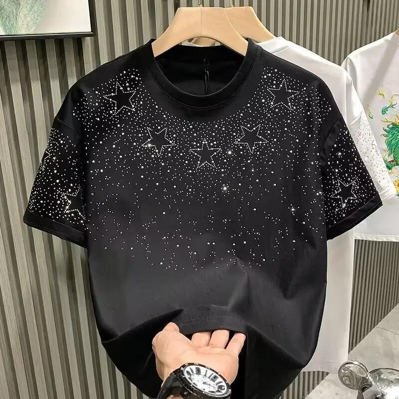 Summer Rhinestone Rivet T Shirt Men Clothing Round Neck Loose T Shirt Fashion High Street Men's Summer Short Sleeves