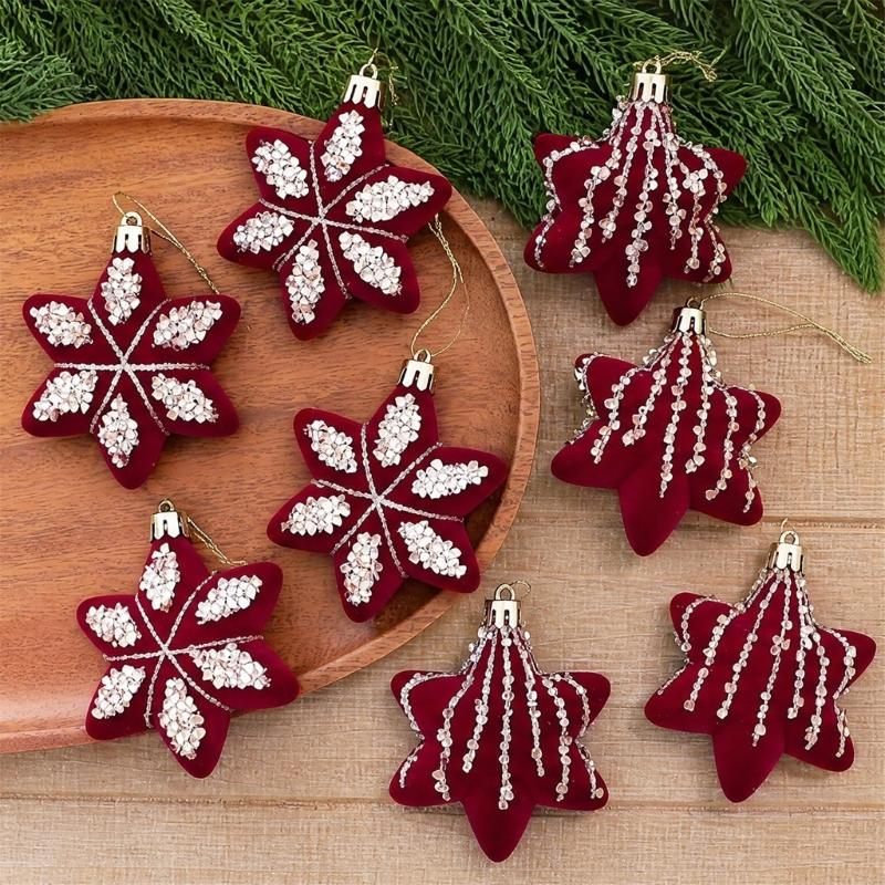 Christmas Tree Baubles Wine-Red Plastic Geometric Ornament with Textured Finish and Hanging Strings for Shop, Hotel