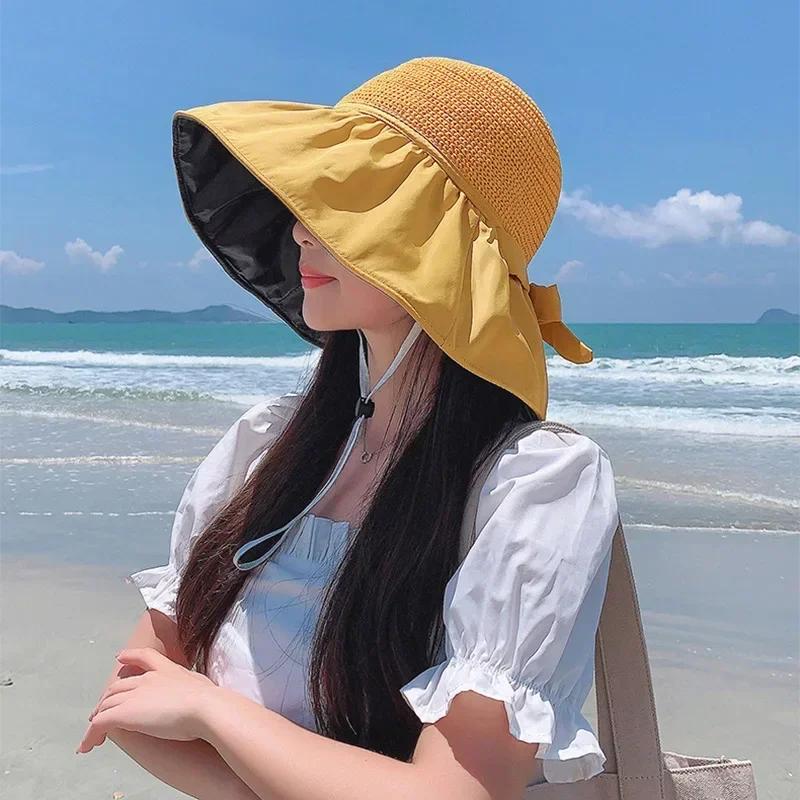 Summer Sun Hat Women's Straw Woven Anti Ultraviolet Sun Visor Hat with Big Brim Seaside Black Glue Breathable Bucket Hat Sun Hat