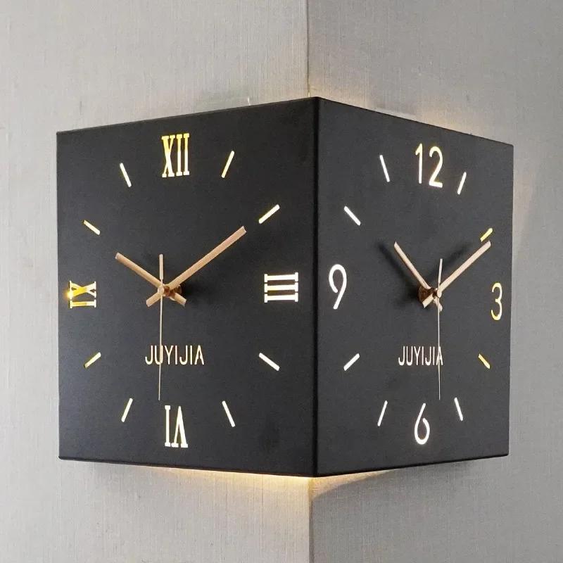 Nordic Wall Clock Lights Corner Double Sided Wall Clocks Square Living Room Clock Roman Minimalist Design Clocks Modern Stylish