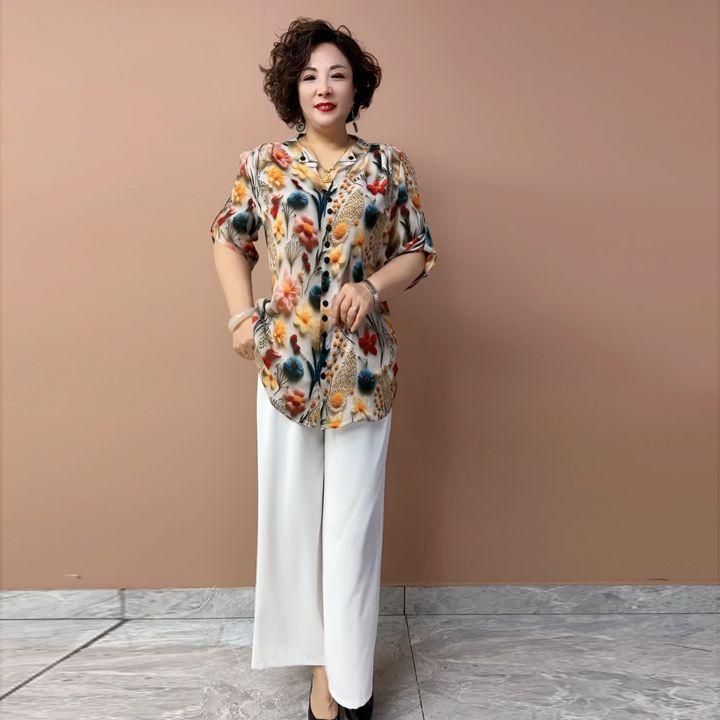 Summer Women's Floral Silk Shirt  Loose V-neck Plus-size Blouse