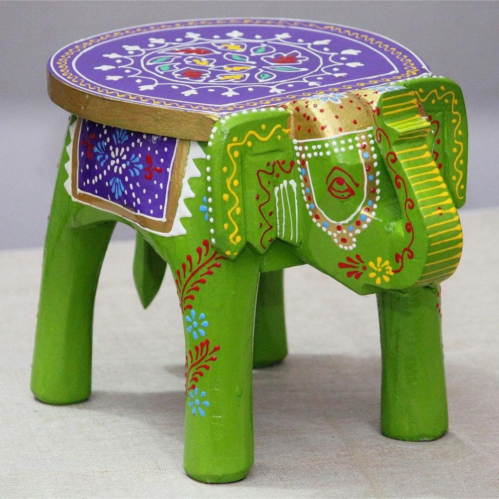 Handcrafted and Emboss Painted Colorful Wooden Elephant Stool/Side Table for Home/Office/Living or Bedroom Decor (Green)