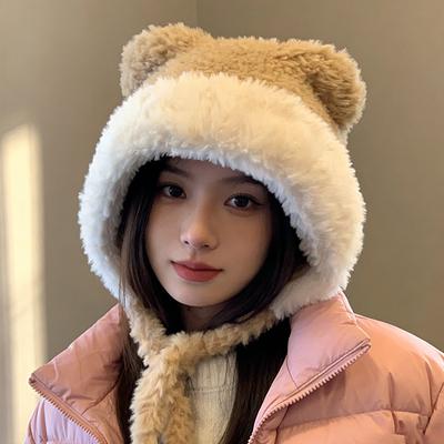 Woven Hat Versatile Thickened Contrasting Color Plush Bear Ears Wool