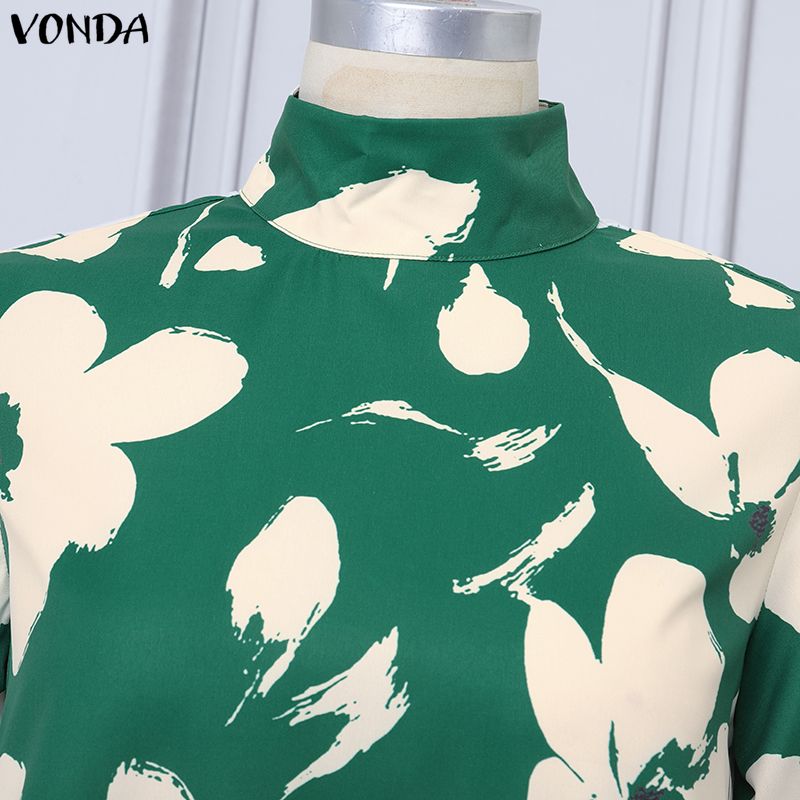 VONDA Elegant Women Stand Neck Puff Sleeve Floral Print Casual Loose Long Baggy Dress
