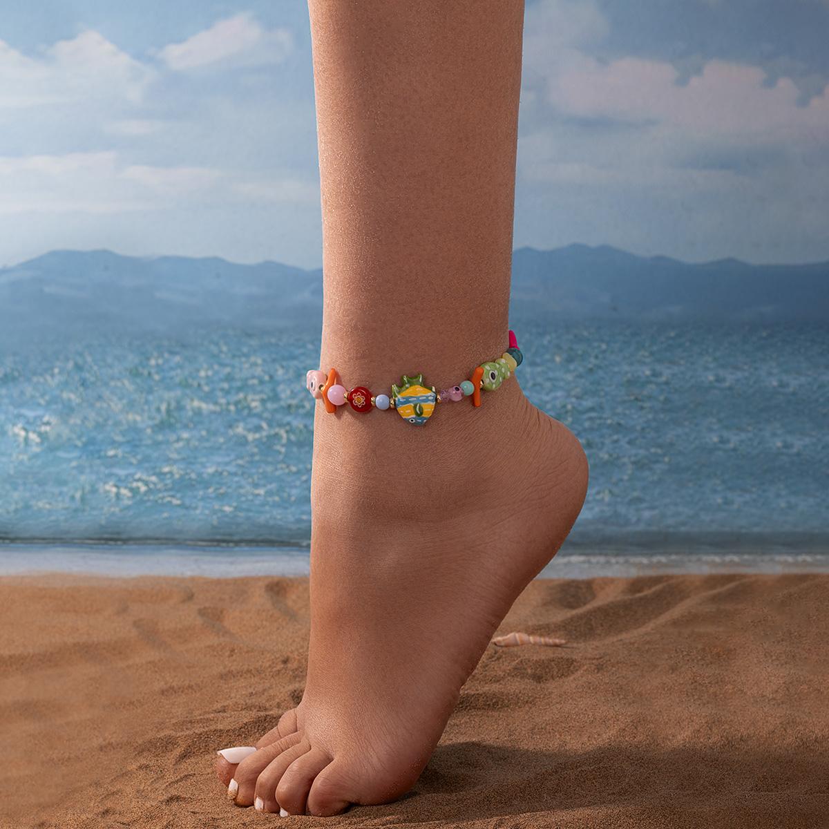 Women s Ocean Style Fish & Starfish Anklet, Summer Colorful Ceramic Beaded Anklet, Vacation Style Accessory