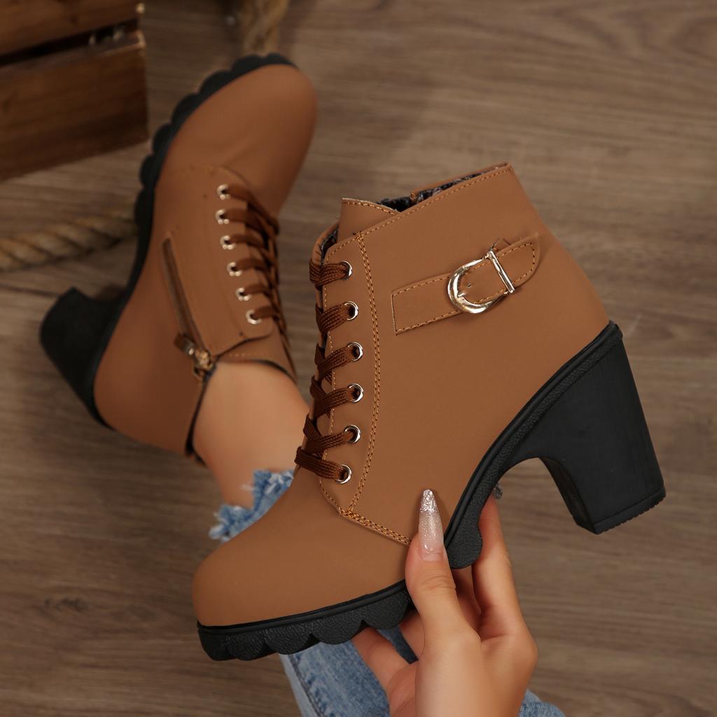 Fashion 2025 New Women Ankle Boots Autumn Winter New Large Size Comfortable Women Shoes Fashion Warm Thick Heel Lace Up High Heels Boots