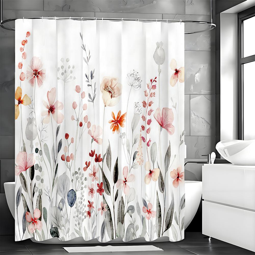 Spring Flower Plant Shower Curtain, Bathroom Decorative Shower Curtain, Waterproof Shower Curtain with Hooks