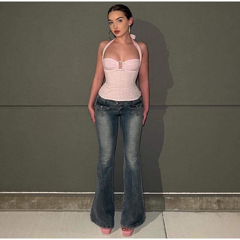 Vintage Y2k Flared Jeans Retro Button-up Middle Waist Casual Denim Pants Harajuku 2000s Basic Aesthetic Cotton Trousers 2025 Spring Autumn