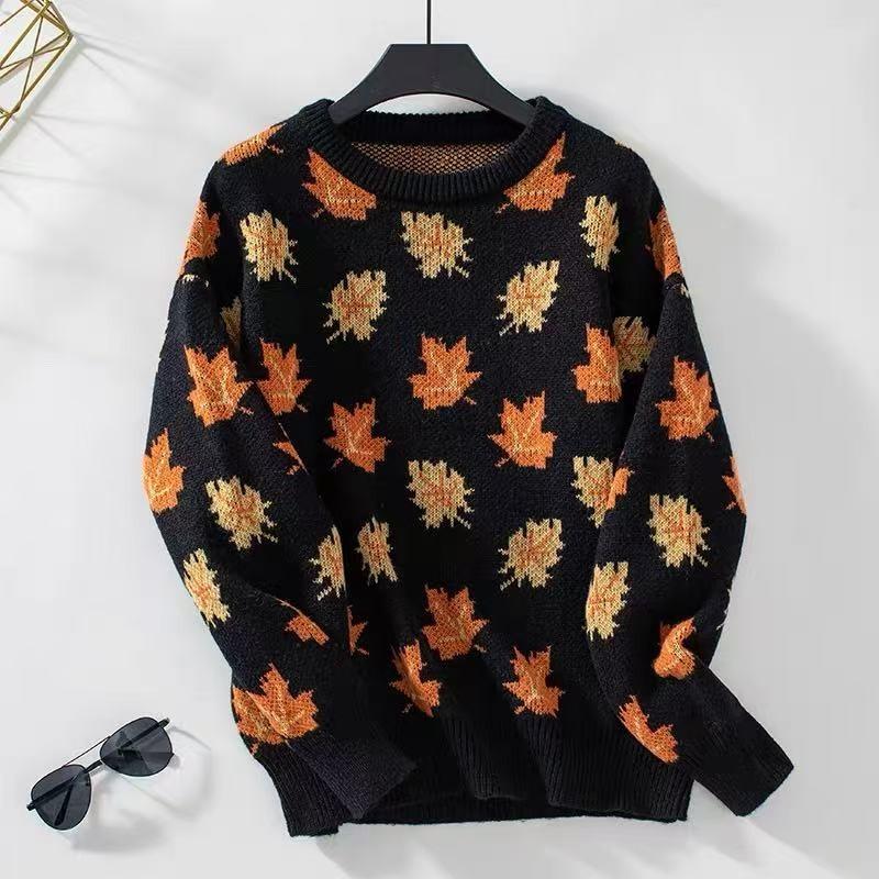 

Maple Leaf Jacquard Women s Sweater Long Sleeved Round Neck Fully Printed Knitted Sweater Autumn Winter New Casual Woman Loose and Warm Top L чорний