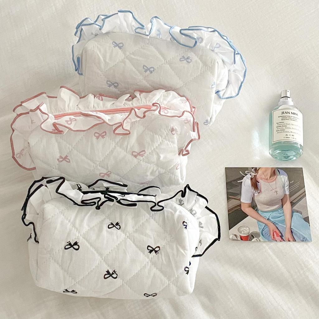 Lace Bow Makeup Bag: Sweet Fresh Lotus Leaf Design Clutch with Diamond Accents