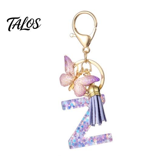 Talos Purple Series Keychain Pendant, Sequins Star Initial Letter Charm Key Chain with Butterfly Tassel Design, A-Z Holder for Bag Purse Backpack