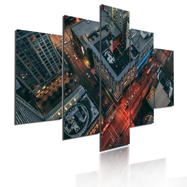 Wall Art Metropolis Skyscrapers Canvas Painting 5 Pieces Modular Picture Bustling City Night Poster HD Printed for Home Decor
