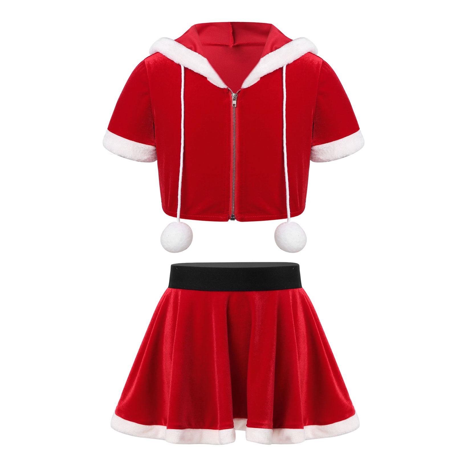 

Kids Girls Christmas Costume Mrs Santa Claus Dress 2Pcs Short Sleeve Flannel Hoodie Tops Tutu Dress Xmas Party Outfits 7-8 Years червоний