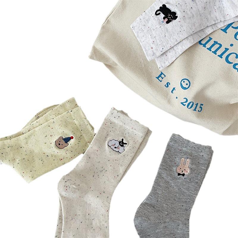 Autumn Korean Women's Cotton Socks - Embroidered Animal Bow & Dotted Yarn Design