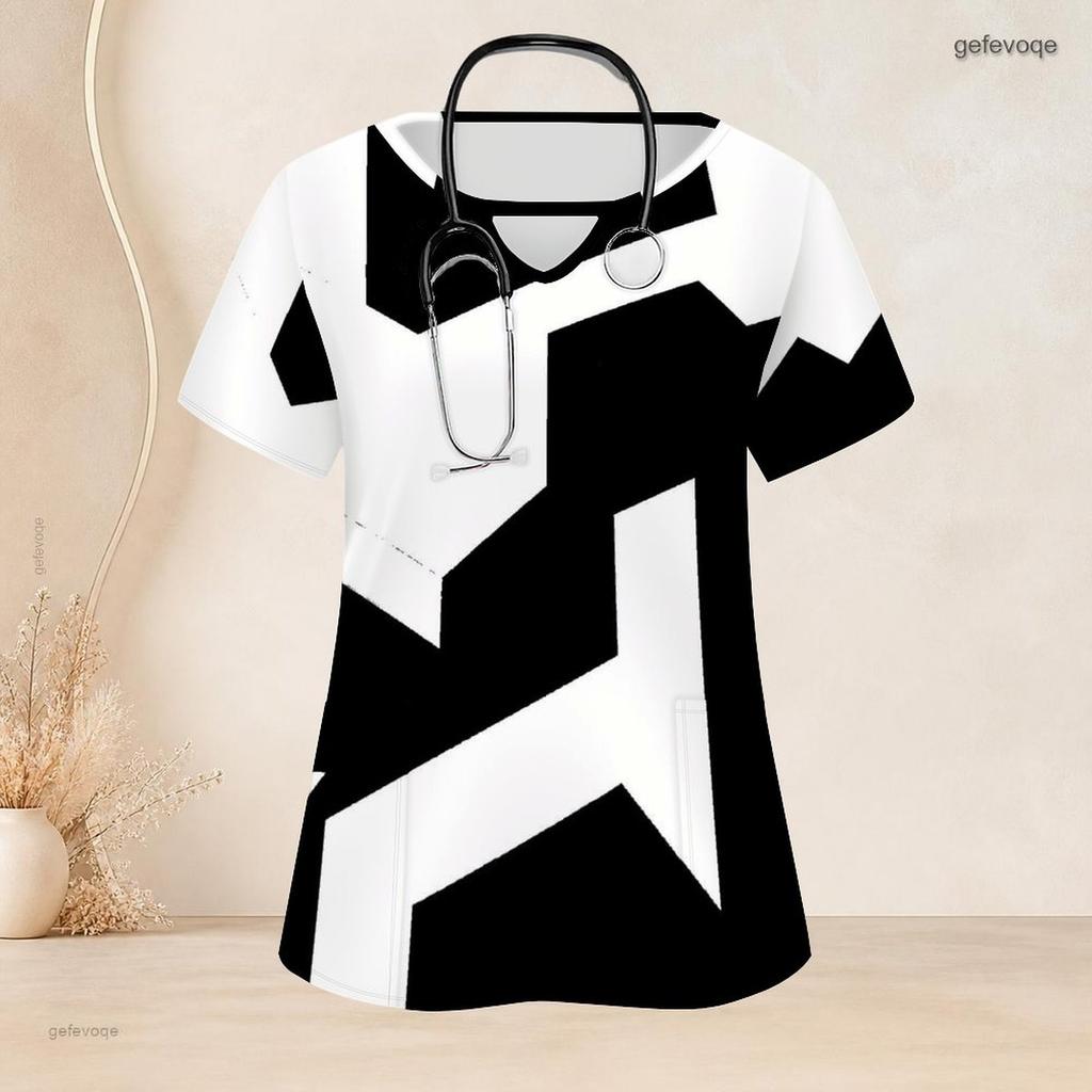 Women Plus Size Black Printed Keyhole Neck Short Sleeve Nurse Scrub Top With Front Pockets