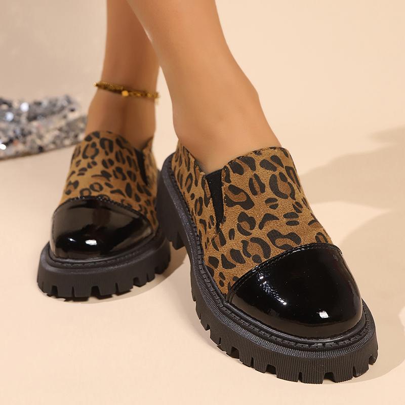 Fashion Women's Chunky Platform Loafers Leopard Print Slip On Casual Shoes Woman Fashion Patent Leather Thick Sole Dress Shoes Plus Size