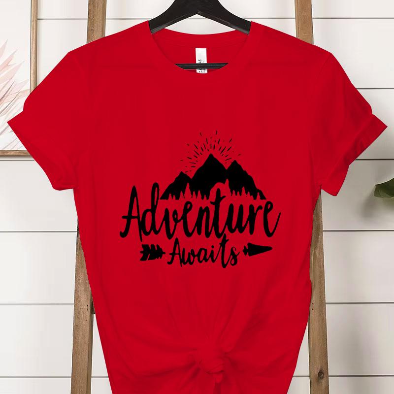 Adventure Awaits Crew Neck Short Sleeve Tshirt Women Mountain Outdoors Hiking Classic Tops Funny Camping Gifts Casual Tshirts