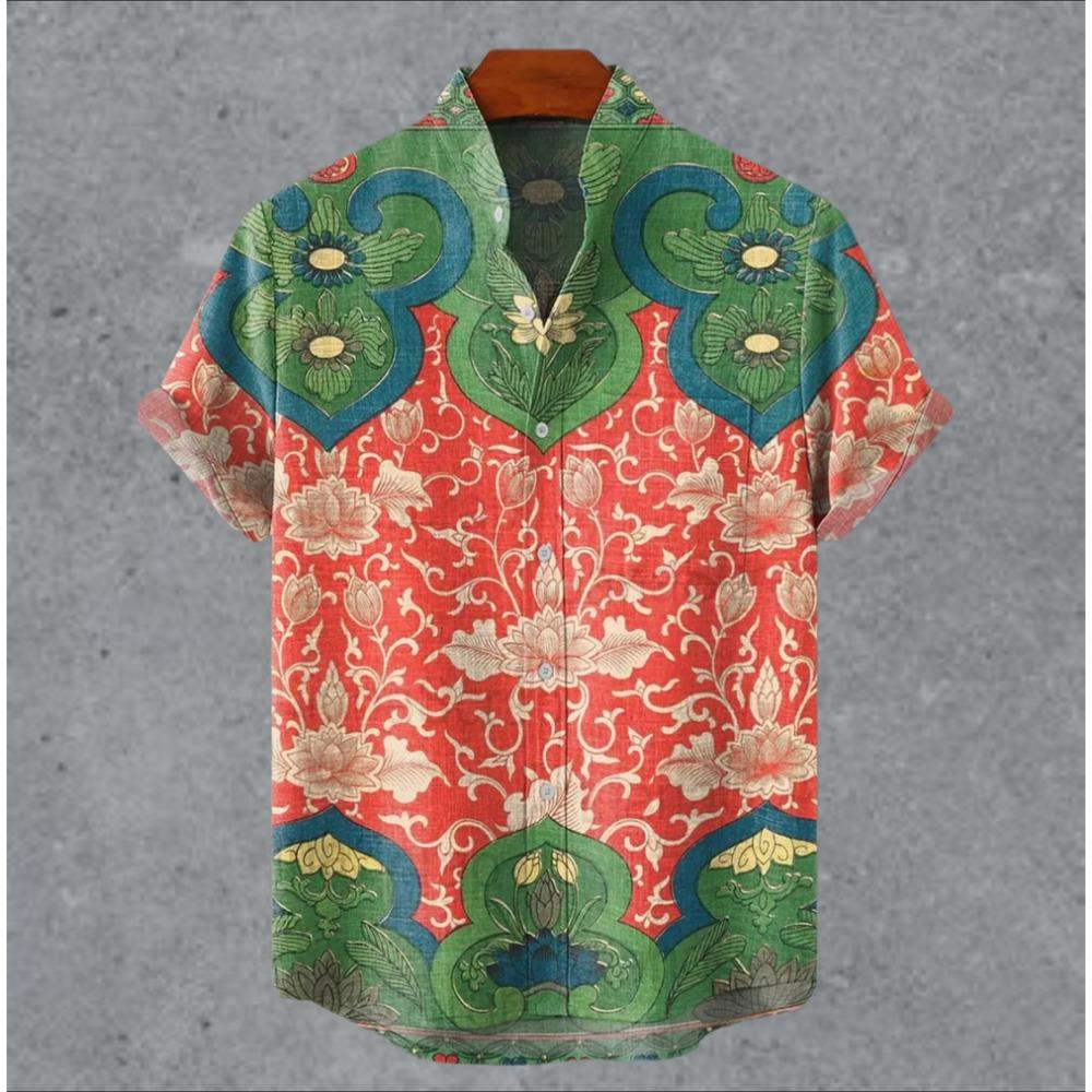 Art retro vintage men's shirt with mottled marks, standing collar printed short sleeved shirt, casual and comfortable top
