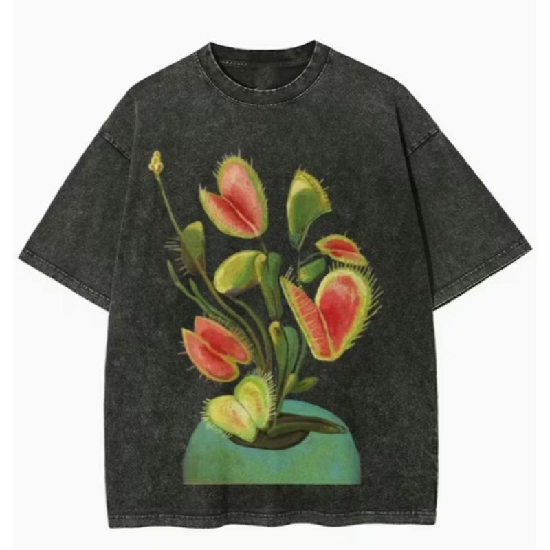 

Venus Flytrap Print TShirt Vintage Washed Black Short Sleeve ONeck Casual Loose Streetwear Unisex Plant Graphic Tee Tops S