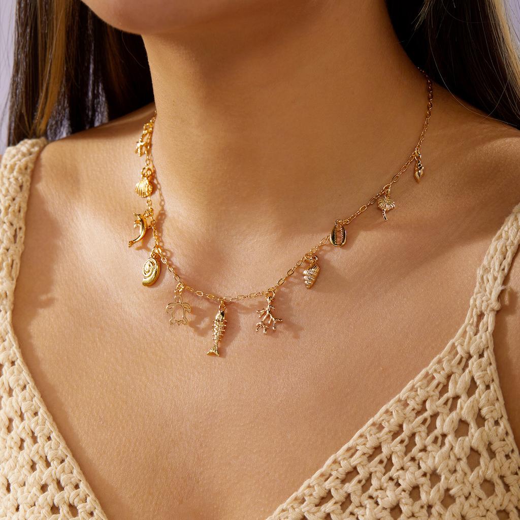 Collana Pendente Stella Marina Conchiglia Conchiglia Zircone Boho per Donna Cavalluccio Marino Granchio Perla Catena Metallica Choker Gioielli per Festa in Spiaggia Estiva