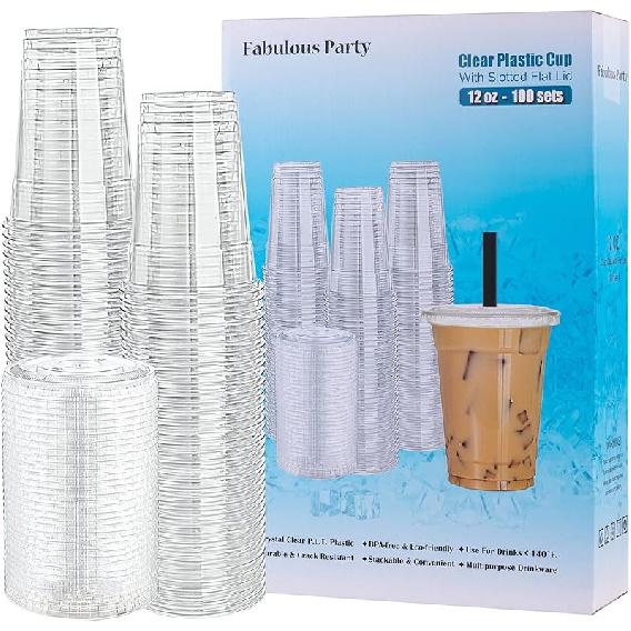 [100 Sets 12 Oz Plastic Cups with Lids, PET Crystal Clear Cups with Slotted Flat Lids, Popular Iced Coffee Cups with lid – Never Break & Keep 12 oz. - 100 Sets
