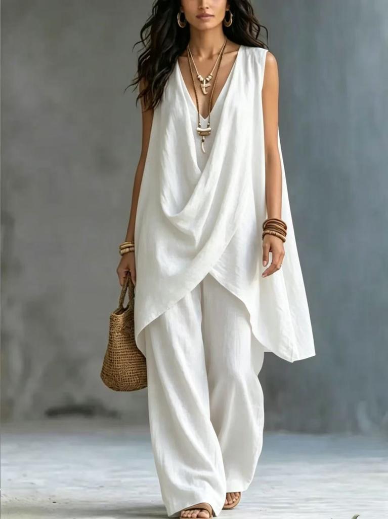 2026 spring and summer cross-border new Amazon women's sleeveless stand-up collar solid color temperament loose cotton and linen fashion style suit