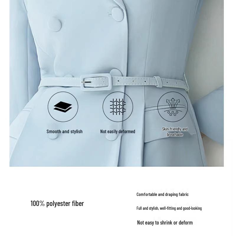 Women's Light Blue Double-Breasted Slimming Suit Dress for Autumn/Winter - Ideal for Exams or Formal Commute