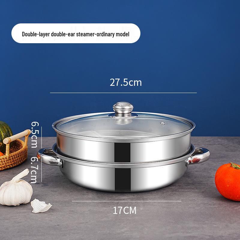 Stainless Steel Double-Layer 28cm Steamer Pot with Handles - Large Capacity for Soups & Hot Pots