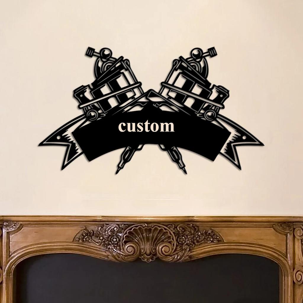 Metal Wall Art Tattoo Machine Decor, Personalized Name Sign for Barbershop Room, Home Wall Decoration