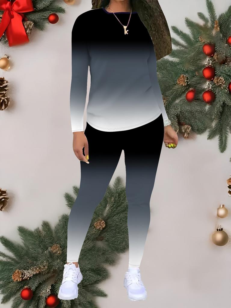 Women's Love Print 2-Piece Outfit: Long Sleeve Crew Neck Top & Pants, Holiday Limited Casual Party Gift Suit