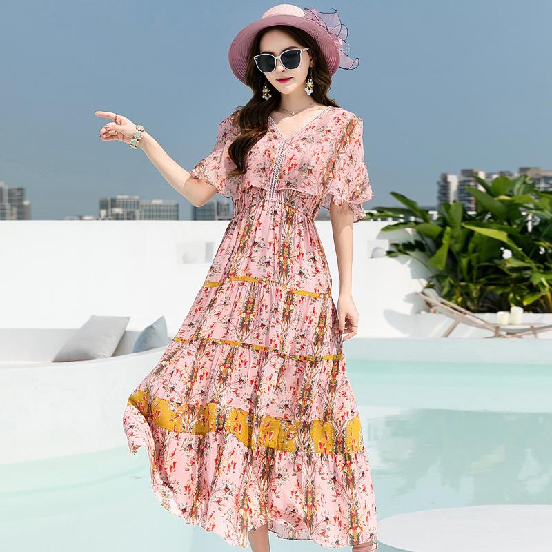 Silk V-Neck Dress with Ruffled Sleeves and Elastic Waist M розовый