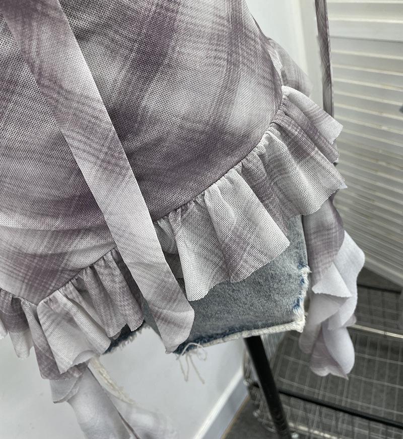 Gradient Print Irregular Ruffled Mesh Camisole Tank Top with Swing Neck and Sleeveless Design