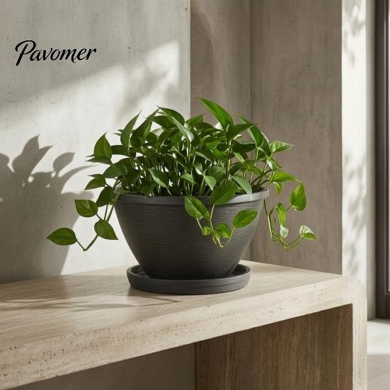 Weather Resistant Flower Basin Resin Planters, Vintage Plant Pot with Drainage Hole & Saucer, Lightweight Retro Style Courtyard Decor for Indoor