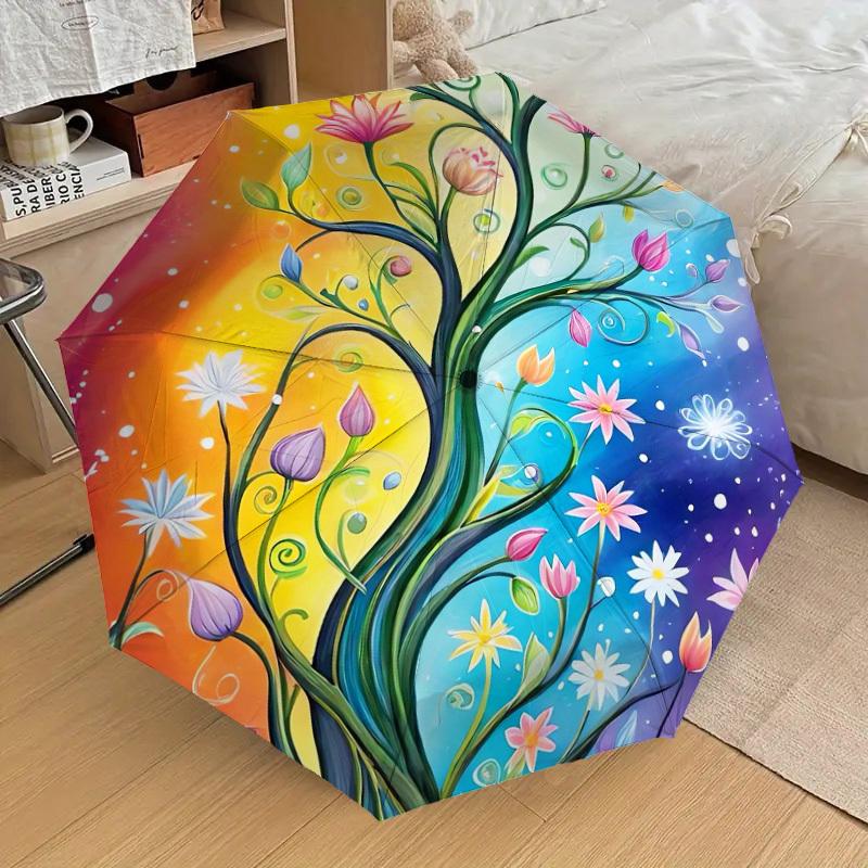 1pc Colorful Floral Tree Artwork Umbrella with Plastic Handle,Suitable for All Seasons Home Travel Outdoor UmbrellaDD278