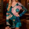 Modieuze casual damestop met lange mouwen, retroprint, V-hals en middellange lengte
