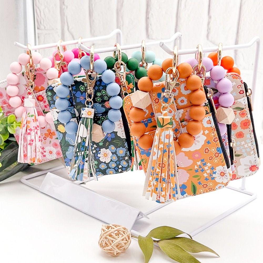 Pu Leather Silicone Bead Bracelet Keychain Boho Style Leather Card Bag Keychain  Fashion Wear