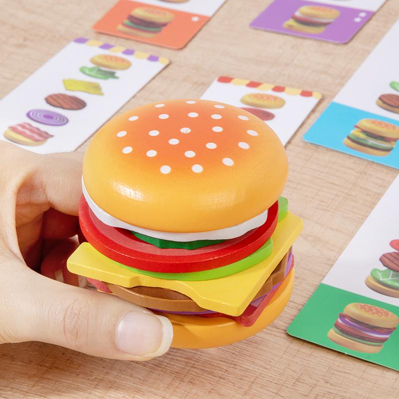 Hamburger Pretend Play Educational Montessori Wooden Toys Simulation Food Matching Stacking Game With Cards For Kids 2 Years Gi
