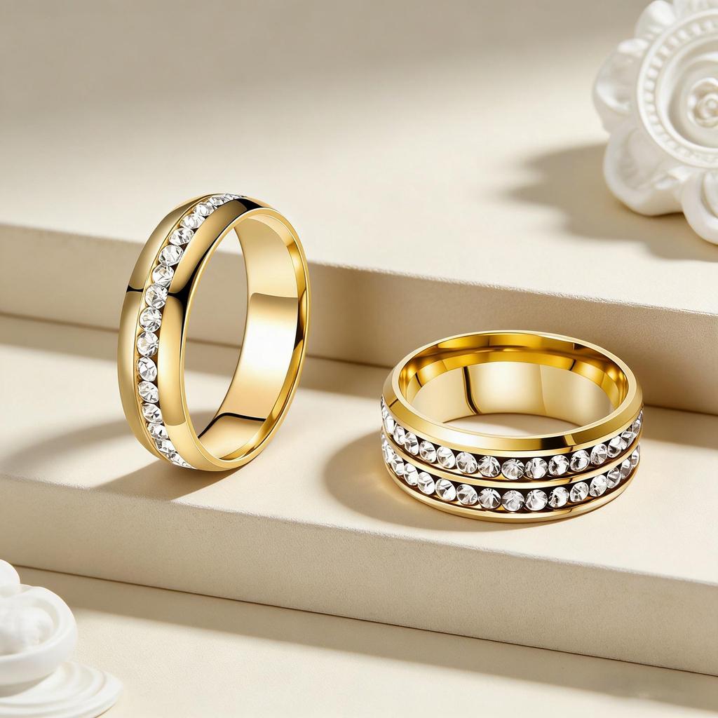 Titanium Steel Retro Couple Rings with Row of Diamonds