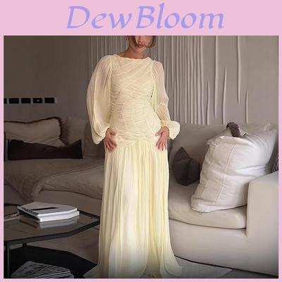 Elegant Polyester Long Sleeve Pleated Dress For Women With Round Neck For Spring