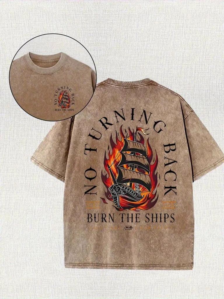 Washed Cotton Pirate Ship Pattern T-shirt - Loose Street Style "Turning Back Burn The Ships" Print, Four Seasons Outdoor Casual Shirt and Gift