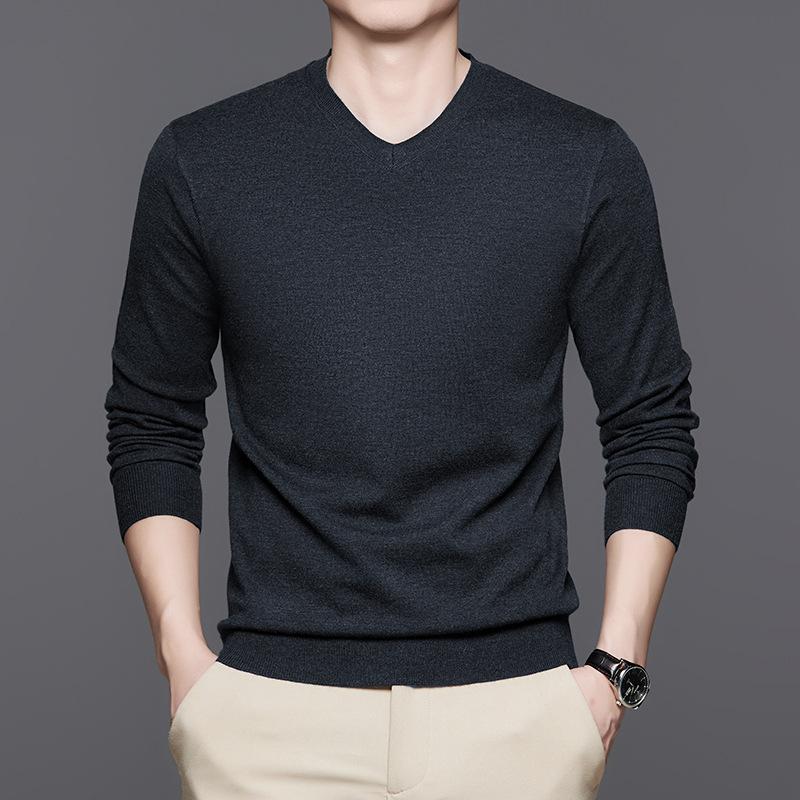 Men's Autumn and Winter Middle-aged Men's Dad Wear V-neck Versatile Solid-color Knitted Sweater Bottoming Shirt