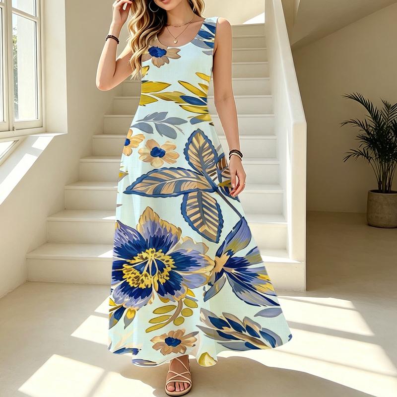 Women's Sleeveless Lightweight Floral Maxi Dress Versatile Beach Vacation Daily Casual Dress,Spring Fall Layering Outfit