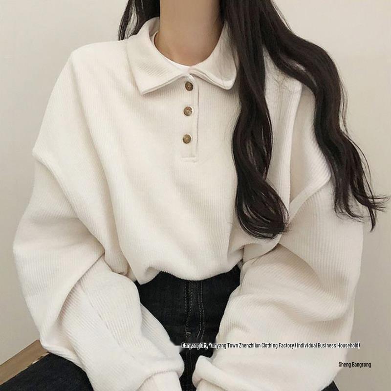 Autumn 2023 Women's College Style Long Sleeve Polo Sweatshirt - Age-Reducing Loose Fit