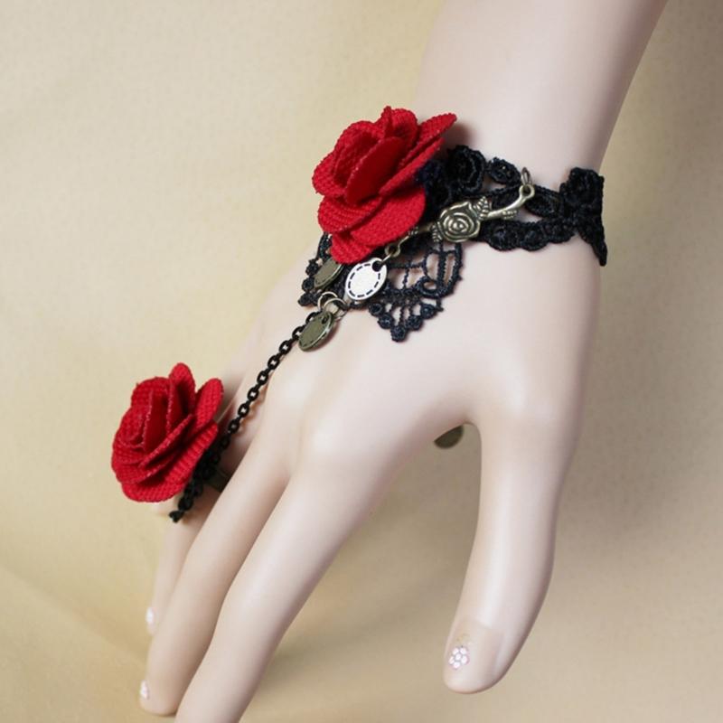 Rose Lace Hand Chain Ring Bracelet Chain Tassel Coins Finger Bracelet Sweet Hand Jewelry for Women and Girls Gifts
