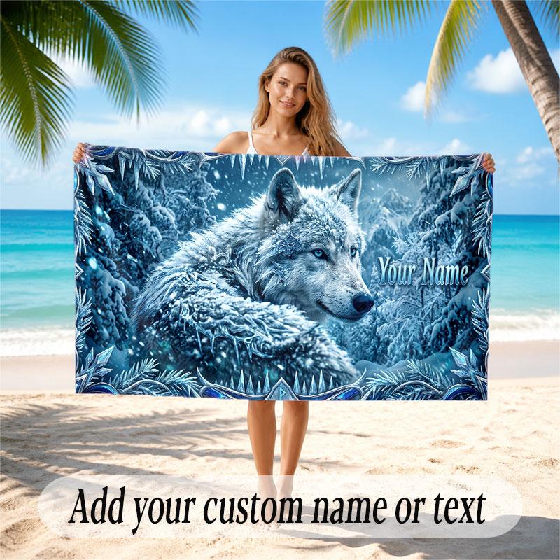 Wolf Theme Beach Towel Personalized Custom Name & Text Soft Quick Dry Beach Towel for Swimming Travel