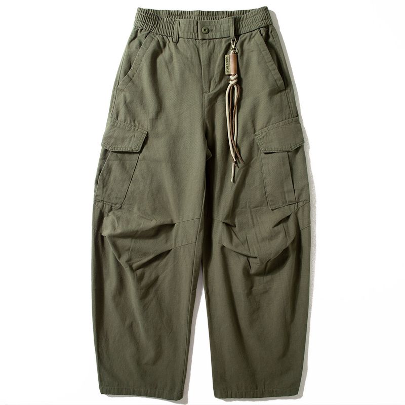 Men's Cargo Pants 2025 Autumn New Style Cool Retro Loose Straight Casual Long Pants with Multiple Pockets and Drawstring Wide-Leg Pants