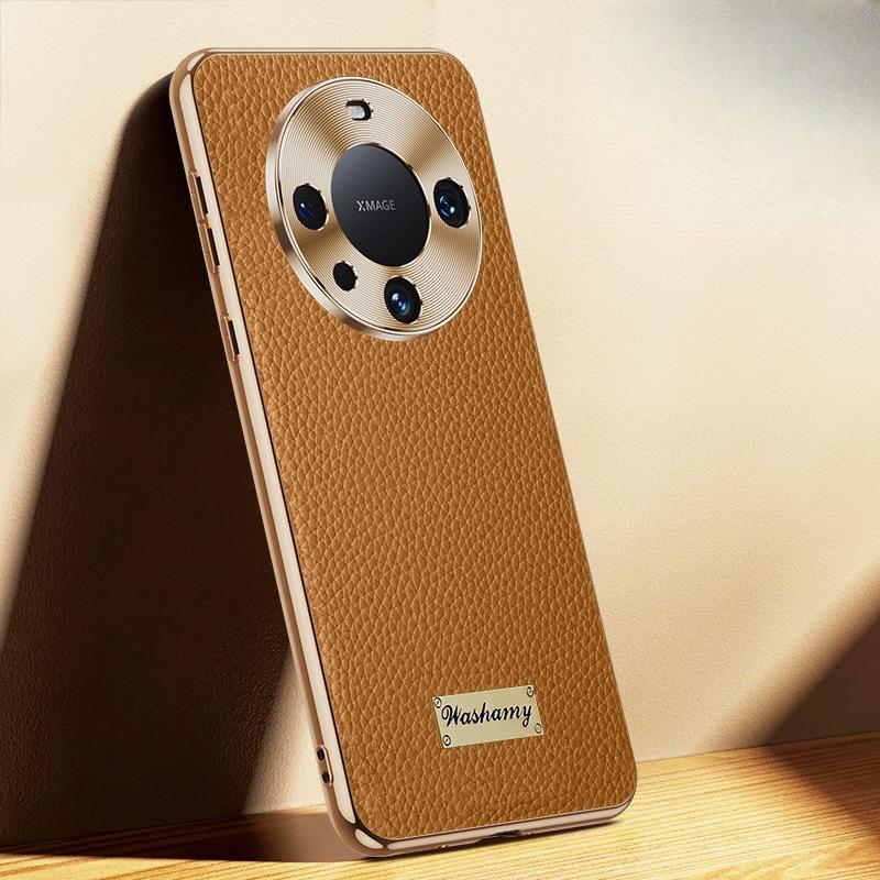 Suitable for Huawei Mate60pro Mobile Phone Case Electroplated Lychee Pattern Mate60 Lens Full-pack Anti-fall M60 Leather Case